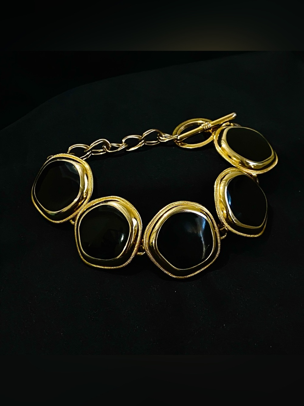 Gold Tone Black Enamel Chunky Panel Link Statement Bracelet | Toggle Clasp